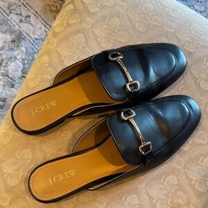 J. Crew Black Leather Mules with Gold Accents